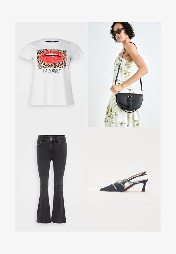 White cotton t-shirt featuring a graphic of red lips and a leopard print background, with "LA FEMME" text below in black. Short sleeves.; Black flared jeans made of denim, featuring a high waist, double button closure, and front pockets with a clean finish.; Denim slingback shoe, pointed toe, light blue straps with bows, mid-heel, textured fabric, tan insole, minimal stitching, sleek design.; Black leather handbag with a curved shape, detachable strap, and gold hardware. The bag features a flap with a buckle detail.