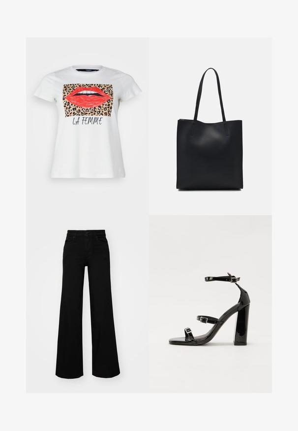White cotton t-shirt featuring a graphic of red lips and a leopard print background, with "LA FEMME" text below in black. Short sleeves.; Black wide-leg pants made of denim, featuring a structured waistband, belt loops, and front pockets. Smooth texture with a classic design.; Black patent high-heeled sandals with two buckle straps, square toe, and a chunky block heel, featuring a smooth, glossy texture.; Black leather tote bag with smooth texture, rectangular shape, and two long handles. No visible hardware or embellishments.
