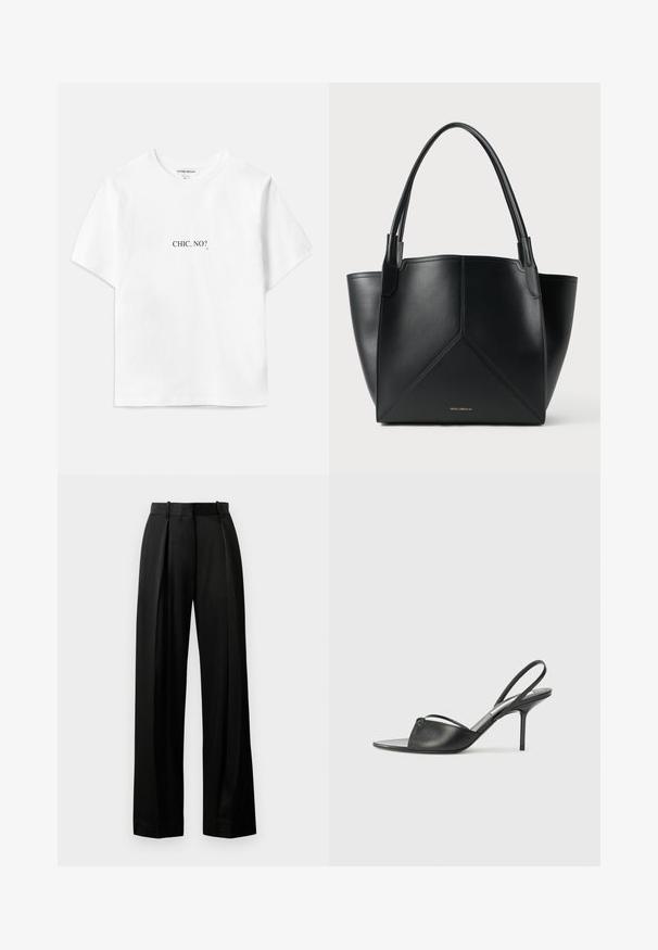 Bela bomba majica iz bombaža s kratkimi rokavi in sproščenim krojem, na kateri je spredaj in zadaj natisnjen črn tekst "CHIC, NO?".; Črne široke hlače iz lahkega materiala s krojem, ki se prilega telesu, z zgornjimi pregibi in ravnim pasom z zankami.; Črni usnjeni slingback petni čevlji z ostrim nosom, tankim zapestnim trakom in stiletto peto. Imajo zanko na površini.; Črna usnjena torba za prenašanje z geometrijskim vzorcem, ki ima dve ročki in zlat tisk na sprednji strani. Gladka tekstura in strukturirana oblika.