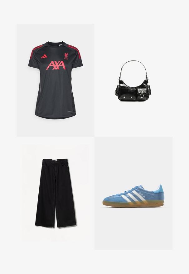 Črna športna majica z rdečimi poudarki, ki ima logo nogometnega kluba Liverpool, blagovno znamko "AXA" in Adidasove črte na ramenih.; Bershka WIDE-LEG - Široke hlačnice - black; adidas Originals GAZELLE INDOOR - Športni copati - footwear white; Črna lakasta usnjena torbica s ukrivljeno obliko, enim ramenskim trakom, sprednjimi žepi in srebrnimi kovinskimi dodatki.