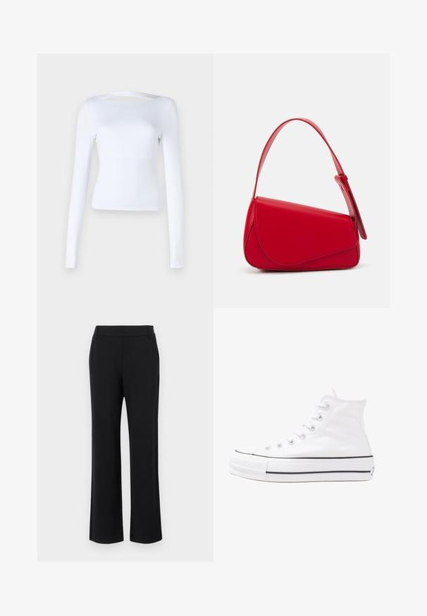 Top branco de manga longa com decote quadrado e detalhe recortado nas costas. Feito de um tecido liso e elástico. Design ajustado.; Calças flare pretas com uma textura suave, cintura média e bolsos laterais. Design simples sem padrões ou adornos.; Sapatilha alta de tela branca com sola de borracha preta, bico de borracha na frente e seis ilhós para os atacadores, apresentando um design limpo e minimalista.; Bolsa de mão em couro vermelho com um design angular e geométrico. Apresenta uma única alça ajustável e um fecho com aba, com detalhes cosidos.