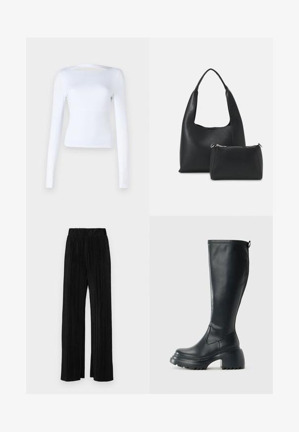 Valge pikade varrukatega topp, millel on ruudukujuline kaelus ja lõikegava detail seljal. Valmistatud siledast, venivast kangast. Üksikasjalik disain.; Mustad pleekitud püksid elastse vöökohtaga. Omavad laiad jalad ja sujuvat, tekstureeritud kangast vertikaalsete triipudega.; Kõrge must nahksaapad, millel on massiivne platvormi tald ja blokk-kand, varustatud tõmbenööriga ja tekstuuriga väljatõmbejääk.; Even&Odd Käekott - black