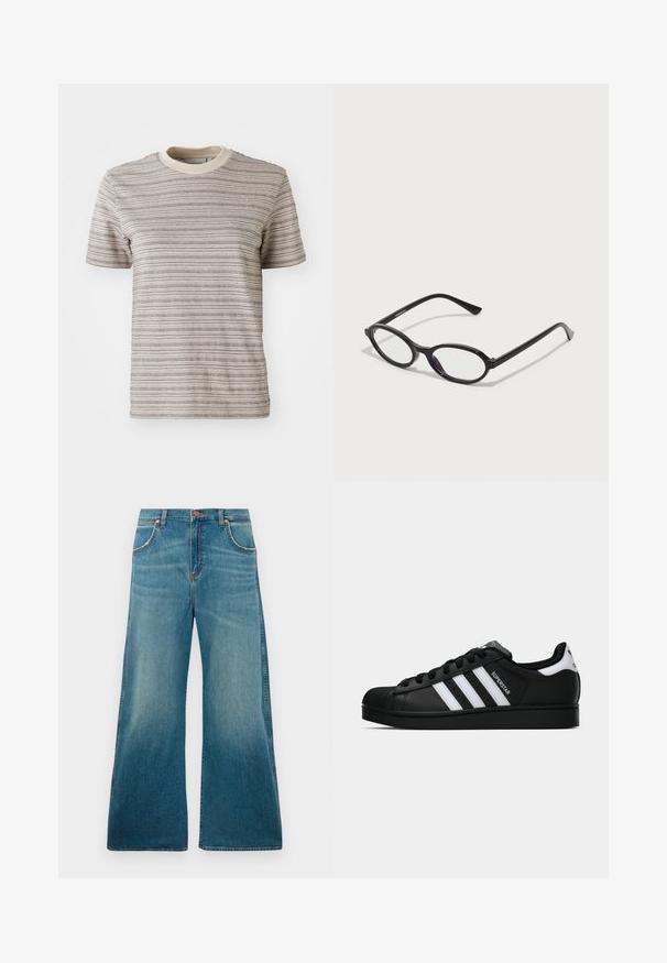 Prúžkované tričko s krátkymi rukávmi v béžovej a krémovej farbe. Má okrúhly výstrih s kontrastným golierom a textúrovaným vzorom látky.; Džínsy s vysokým pásom modrej farby, široké nohavice, predné vrecká, zapínanie na gombík a vyblednutý farebný gradient od pásu po lem.; Čierne tenisky Adidas Superstar s bielymi pruhmi, špičkou v tvare mušle a textom "Superstar" na boku, zobrazené v bočnom profilu na bielom pozadí.; Čierne okuliare s oválnym rámom a priesvitnými fialovými akcentmi na sklách. Rámy majú matný povrch a štíhle, priame nožičky.