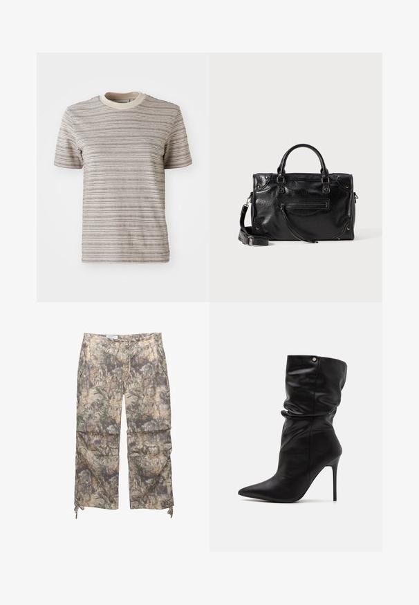 Raitapaita lyhyillä hihoilla vaaleanbeigessä ja kermaisen valkoisessa. Ominaisuuksina pyöreä kaula-aukko, jossa on kontrastivärinen kaulus sekä teksturoitu kangaskuvio.; Vihreät, camokuosilla varustetut housut, joissa on kevyt kangas, joustava vyötärö, sivutaskut ja säädettävät nyörit nilkoissa.; Even&Odd Wide Fit Korolliset nilkkurit - black; Musta nahkakäsilaukku, jossa on kaksi lyhyttä kahvaa ja irrotettava olkahihna. Etuosassa on vetoketjullinen tasku ja metallikoristeet. Rakeinen pinta.