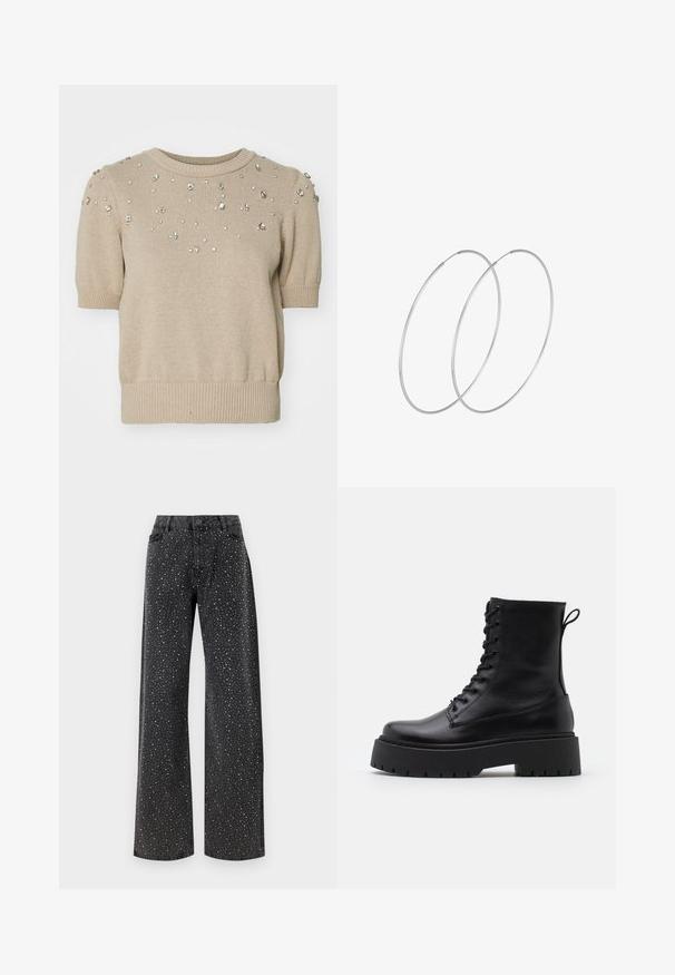 Beige gestrickter Kurzarmpullover mit Rundhalsausschnitt, der auf der Vorderseite verstreute klare Strasssteine sowie gerippte Bündchen und Saumdetails aufweist.; Noisy May NMJANNEL LOOSE - Jeans Relaxed Fit - black denim; Schwarze Lederstiefeletten mit runder Zehenpartie, Schnürung vorne und einer dicken Gummisohle mit strukturiertem Profil. Mit Zugschlaufe an der Rückseite.; Silberne Creolen mit minimalistischem Design. Rundform, glatte Oberfläche und dünnes Profil. Leichtgewichtig mit hochglänzender Oberfläche.