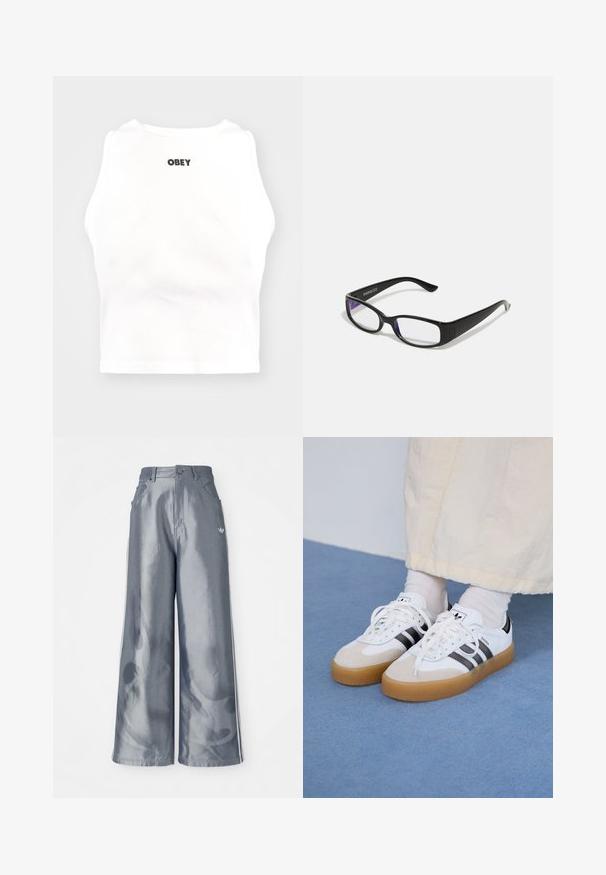 Obey Clothing BOLD - Top - white; Kalhoty s širokými nohavicemi z lesklého šedého materiálu, se bílými bočními pruhy a plamenným vzorem na spodní části nohavic. Zapínání na knoflík a zip v pase.; Bílé tenisky s černými pruhy a béžovými semišovými akcenty. Mají texturovanou gumovou podrážku a ploché bílé tkaničky, nošeny s světlými ponožkami.; Černé obdélníkové brýle s průhlednými čočkami. Lesklý povrch, úzké ramínka a fialový nádech viditelný na okrajích čoček.