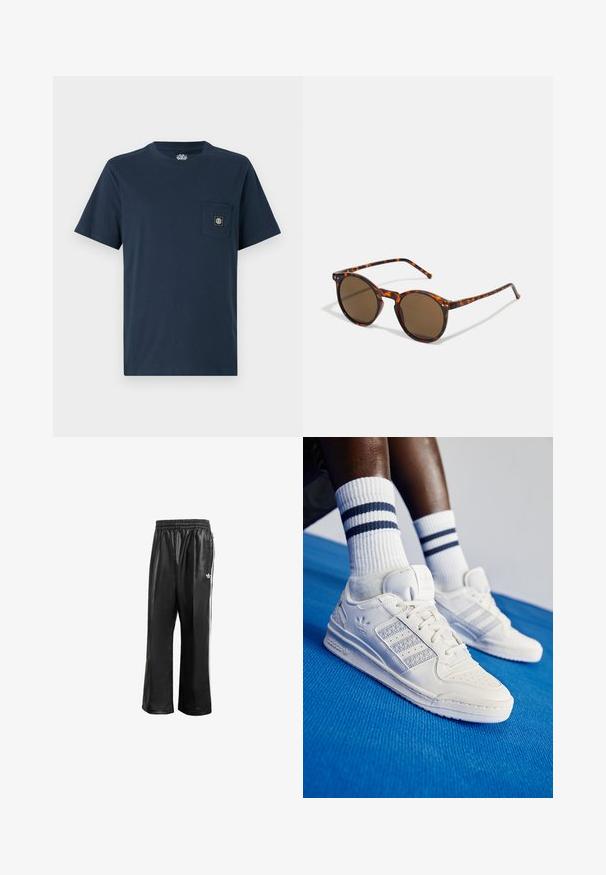 Tengerészkék pamut póló rövid ujjakkal, kerek nyakkal és mellzsebbél, amelyen négyzet alakú logó folt található. Sima textúrájú, hétköznapi dizájn.; Fekete szintetikus tréningnadrág elasztikus derékkal, fehér oldalcsíkokkal és egy kis fehér logóval a bal csípőn.; Fehér bőr sportcipők perforált díszítéssel, három fényes csíkkal és texturált oldalpanellel. Fehér zoknival viselve, ami kék csíkos.; Kerek napszemüveg teknőc mintázatú kerettel, barna lencsékkel. Finom textúrájú, vékony szárakkal rendelkezik, a lencsék mellett fém díszítésekkel.