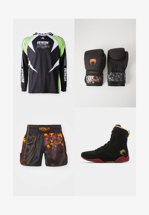Črna, bela in neonsko zelena športna majica z dolgimi rokavi z napisom "Venum" in logo kače ter perforirano ventilacijo na prednjem delu prsnega koša.; Črne in oranžne Venum kratke hlače s sijočim finišem, kontrastnimi kamuflažnimi vzorci in elastičnim pasom z logotipom.; Športni čevlj z visokim zgornjim delom, izdelan iz črnega mrežastega in sintetičnega materiala, z teksturiranimi poudarki, rdečim gumo podplatom in zlatimi detajli na gležnju.; Črne boksarske rokavice z mat površino in ergonomsko zasnovo. Detajli v oranžni barvi in zapestnice v vojaškem vzorcu.