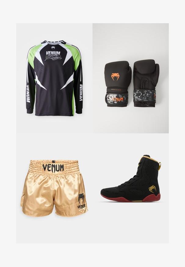 Camisola desportiva de manga longa em preto, branco e verde néon com o logótipo "Venum" e a cobra, e ventilação perfurada na área do peito frontal.; Calças de boxe de cetim dourado com o logótipo preto "VENUM" na cintura e na lateral, apresentando uma textura suave e uma cintura elástica para conforto.; Sapatilha desportiva de cano alto com malha preta e material sintético, detalhes texturizados, sola de borracha vermelha e acabamentos dourados no tornozelo.; Luvas de boxe pretas com acabamento mate e design ergonómico. Detalhes do logótipo em laranja e tiras de pulso com padrão de camuflagem.