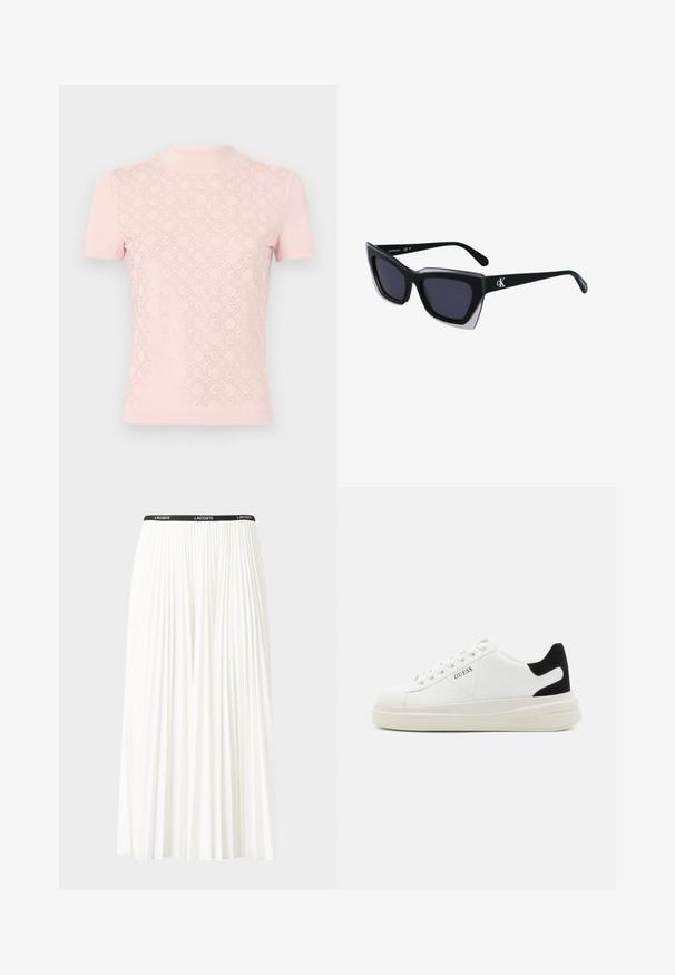 Šviesiai rožinė trumpų rankovių palaidinė su aukštu apykakle, turinti geometrinį nėrinių raštą priekyje ir lygaus audinio rankovėmis.; Pleated balta sijonas su juodu elastiniu juosmeniu, ant kurio yra "LACOSTE" logotipas. Vidutinio ilgio dizainas su švelnia tekstūra.; Baltos odinės sportbačiai su storu baltu padu, juodu nubuko kulno akcentu ir iškilmingu logotipu šone. Su raišteliais, turinčiais šešis akinius.; Juodos didelės saulės akinių su geometrine forma, turinčiais tamsius objektyvus ir kontrastingą pilką detalę ant rėmelio. Logotipas ant šalon.