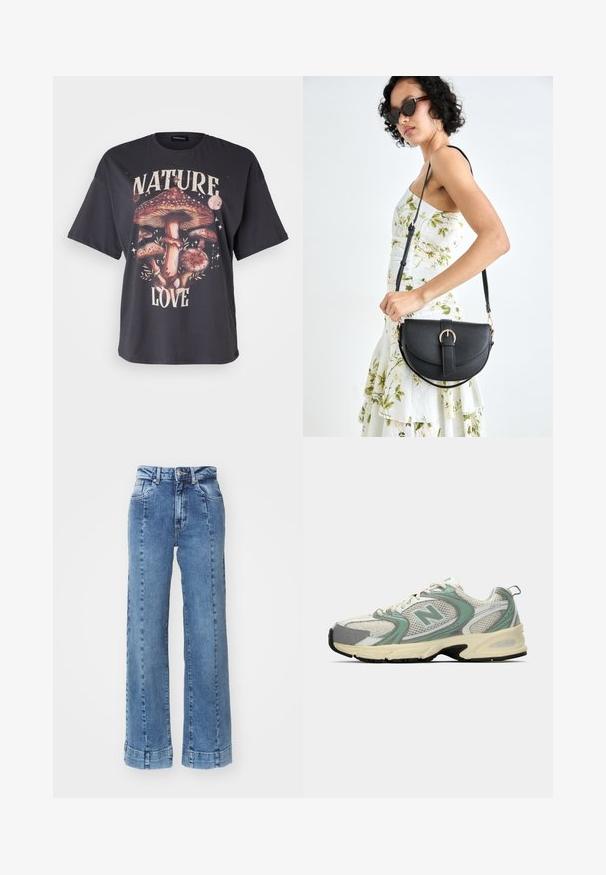 Svart bomull t-skjorte med et fargerikt sopparbeid og teksten "NATURE LOVE", kortermet og avslappet passform.; Lys blå denim bukser med brede ben og høy midje, med frontlommer og sømde detaljer. Bunnkanten er rullet og sydd.; Hvite og lysegrønne New Balance treningsko med mesh-stoff, beige såle og svart såle, vist fra siden på en ensfarget bakgrunn.; Svart lærveske med en buet form, avtagbar stropp og gullbeslag. Vesken har et klaff med spenne-detall.