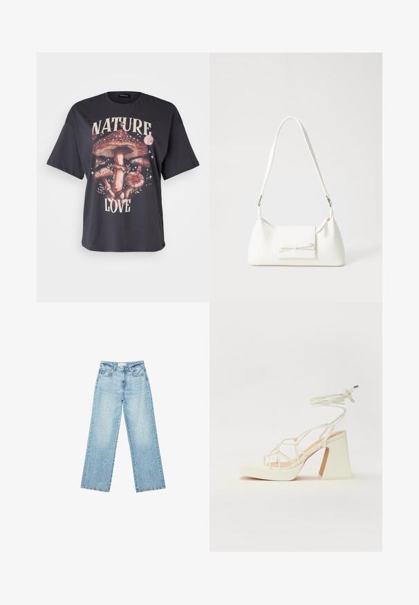 Černé bavlněné tričko s barevným grafickým motivem houbového vzoru a nápisem "LÁSKA K PŘÍRODĚ", krátké rukávy a volný střih.; Světle modré džíny s širokými nohavicemi a vysokým pasem, s bledým odstínem a malými, rozptýlenými detaily opotřebení po celém povrchu.; Bílé sandály na vysokém podpatku s robustním podpatkem, s designem s pásky a zavazováním kolem kotníku. Hladký povrch s platformou vpředu pro zvýšení výšky.; Bílá syntetická kabelka v trojúhelníkovém tvaru, s plochým předním klopným víkem a detailem mašle, nastavitelným popruhem, hladkým povrchem a minimalistickým designem.