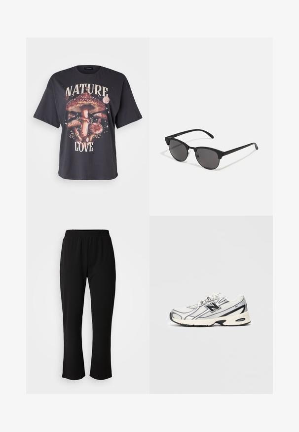 Tricou negru din bumbac cu un grafic colorat de ciuperci și textul "IUBIRE PENTRU NATURĂ", cu mâneci scurte și un design lejer.; ONLY Carmakoma CARLAMA STRAIGHT - Pantaloni - black; Adidașuri atletice albe și gri cu logo-ul negru "N", partea superioară din plasă, talpă amortizată și design cu șireturi, prezentate pe un fundal simplu de gri deschis.; Ochelari de soare negri cu lentile rotunde, finisaj mat și o formă distinctivă de cat-eye. Brațe subțiri cu un branding subtil pe templul stâng.