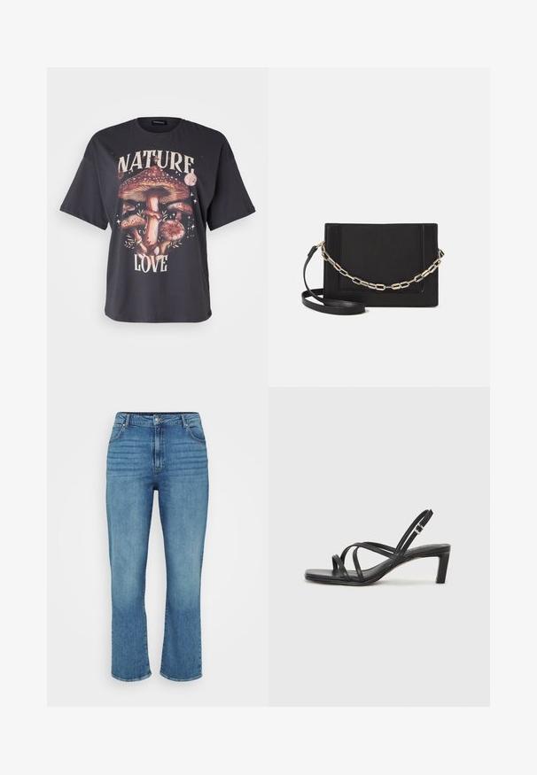 Juodas medvilnės marškinėlis su spalvinga grybo grafika ir užrašu "MEILĖ GAMTAI", trumpomis rankovėmis ir laisvu siluetu.; Šviesiai mėlynos džinsinės kelnės su tiesiu kojų kirpimu, turinčios penkias kišenes, diržo kilpas ir subtiliai išblukusius priekinius šonus.; Juodi šlepetės su kvadratiniu pirštu ir žemu bloku kulnu. Yra keli ploni dirželiai ir reguliuojamas kulkšnies diržas. Pagaminti iš lygios odos.; Juodas odinis per petį nešiojamas krepšys turi lygų paviršių, stačiakampio formą ir metalinę grandinėlę priekyje. Pridedama reguliuojama dirželis.; Sidabrinis dvigubas žiedas su lygiu, poliruotu paviršiumi. Pasižymi sklandžiu, kreiptu dizainu su persipinančiomis dalimis, suteikiančiomis modernų išvaizdą.