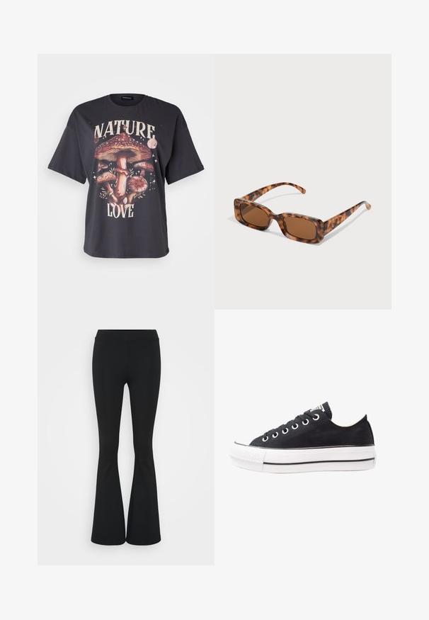 Black cotton t-shirt featuring a colorful mushroom graphic with "NATURE LOVE" text, short sleeves, and relaxed fit design.; Black flared pants made of stretchy fabric, featuring a high waistband and a smooth texture. The pants flare out from the knee.; Black canvas sneaker with white rubber sole, round toe, low-top design, metal eyelets, and a textured toe cap. Thin black stripe along the sole.; Tortoiseshell sunglasses with rectangular brown lenses, a thick frame, and slim arms featuring a pattern of varying shades of brown.