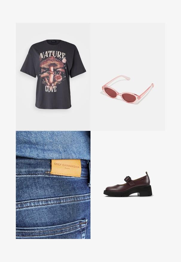 Crna pamučna majica sa šarenim grafičkim prikazom gljive i tekstom "LJUBAV PREMA PRIRODI", kratki rukavi i opušteni kroj.; Plave traperice od denima s smešnom kožnom etiketom na kojoj piše "ONLY CARMKOMA Denim", s vidljivim šavovima i detaljem bočne džepice.; Bordo kožni Mary Jane cipele s kvadratnom kopčom, okruglim vrhom i debljim crnim potplatom s dizajnom profila.; Ružičaste prozirne sunčane naočale s ovalnim staklima, tamnocrvenim tonom i tankim drškama, s glatkom površinom i suptilnim detaljima na okviru.; Svijetloplava kožna torba s gornjom drškom, prednjim džepom s preklopom i odvojivom narukvicom na bijeloj pozadini.