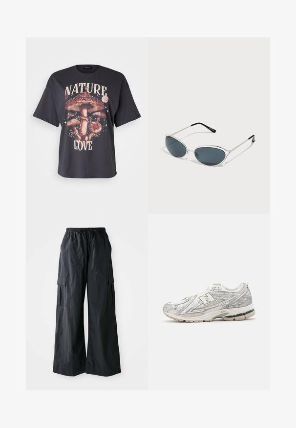 Zwarte katoenen T-shirt met een kleurrijke paddenstoelafbeelding en de tekst "NATURE LOVE", korte mouwen en een ontspannen pasvorm.; Zwarte cargobroek van lichtgewicht stof, met een wijd ontwerp, elastische tailleband en meerdere zijzakken. Eenvoudig en functioneel.; Hardloopschoenen met een zilver-witte mesh bovenkant en een groene accent. De zool is dik en gestructureerd, ontworpen voor demping en ondersteuning.; Zonnebril met een zilver metalen rand, cat-eye vorm, donkergetinte lenzen en zwarte uiteinden op de pootjes. Schone, minimalistische uitstraling.