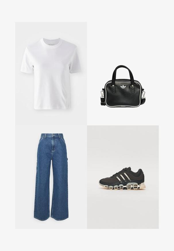 Bijela pamučna kratkotrajna majica s kratkim rukavima, s okruglim izrezom i malim izvezenim logotipom na prsima, glatke teksture i jednostavnog dizajna.; Široke plave traperice s visokim strukom, kontrastnim šavovima i bočnim džepovima, s klasičnim dizajnom s pet džepova i sirovim rubovima.; Crne atletske tenisice s teksturiranim gornjim dijelom, tri srebrne pruge i posebnim potplatom s višestrukim integriranim sekcijama.; Crna kožna torba s dva kratka ručka, srebrnim detaljima, bijelim naglascima i bijelim logotipom. Ima teksturiranu površinu i kompaktni dizajn.