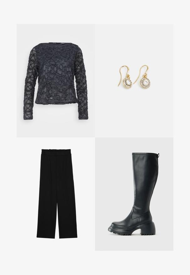 Crna majica dugih rukava s teksturiranim, valovitim uzorkom od perlica. Prozirna tkanina s okruglim izrezom. Redoviti kroj i dužina.; Crne široke hlače s naboranim pojasom, koje imaju dva bočna džepa i glatku, laganu tkaninu. Nema vidljivih uzoraka ili metalnih dijelova.; Visoke crne kožne čizme s debelim platformskim đonom i blok petom, s patentom za povlačenje i teksturiranim uzorkom na potplatu.; Zlatne naušnice s ovalnim prozirnim kristalima okruženim manjim prozirnim kamenčićima, s dizajnom na kuku za sigurno nošenje.