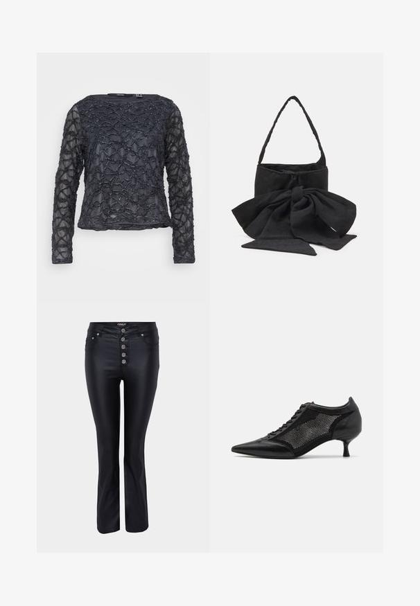 Svart langermet topp med teksturert, bølgete perle mønster. Gjennomsiktig stoff med rund hals. Vanlig passform og lengde.; Sorte flared jeans med et slankt design, laget av et glatt materiale. Har fem sølvfargede knappelukkinger og lommer foran.; Svart spiss tå-sko med meshpaneldesign, med lav hæl og snøring foran. Laget av en kombinasjon av lær og meshmateriale.; Svart stoffhåndveske med en knyttet sløyfe, rund form, teksturert overflate med små mønstre, og et enkelt, tynt håndtak.