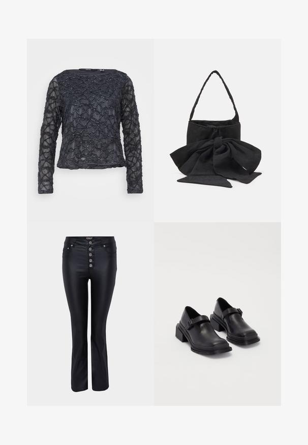Svart langermet topp med teksturert, bølgete perle mønster. Gjennomsiktig stoff med rund hals. Vanlig passform og lengde.; Sorte flared jeans med et slankt design, laget av et glatt materiale. Har fem sølvfargede knappelukkinger og lommer foran.; Sorte lærersko med rund tå, flat såle og en rem med spenne-detalj. Kraftig blokkhæl for bedre stabilitet.; Svart stoffhåndveske med en knyttet sløyfe, rund form, teksturert overflate med små mønstre, og et enkelt, tynt håndtak.