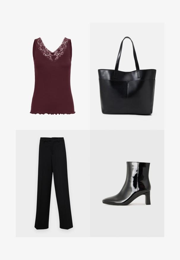 Kaffe JENNA - Top - zinfandel; Pantaloni negri cu croi larg, dintr-un material neted, având un talie clasică cu închidere prin buton și plisuri frontale.; Botine negre din piele lacuită, cu vârful ascuțit și toc bloc de înălțime medie. Textură netedă și design minimalist.; Geantă oversized din piele neagră, cu două mânere lungi, de textură netedă și formă structurată. Are un buzunar frontal pentru stocare suplimentară.