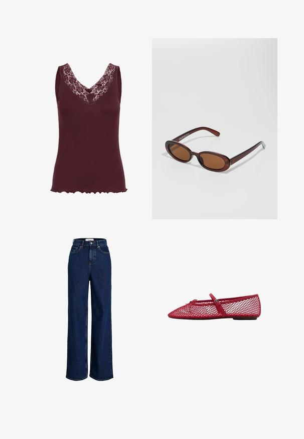 Kaffe JENNA - Top - zinfandel; Jeans din denim de culoare albastră închisă, cu talie înaltă, picioare largi, sistem de închidere cu un buton în față și design cu cinci buzunare.; Balerini roșii din plasă cu vârful ascuțit, prezentând o curea subțire și un detaliu cu cataramă. Partea superioară are un model deschis, în formă de fagure.; Ochelari de soare rotunzi, cu nuanțe de brown și cu un cadru lucios de burgund. Brațe subțiri cu detalii subtile de branding. Design cu lentile plate.