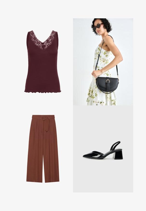 Kaffe JENNA - Top - zinfandel; Brunnen wijduitlopende broeken van stof, met een riem met een vierkante gesp, geplooid ontwerp en een gladde textuur.; Zwarte gepatineerde leren slingback hakken met een spitse neus en een geometrische blokhak. Kenmerkt zich door een slank, minimalistisch ontwerp en een gladde textuur.; Zwarte leren handtas met een gebogen vorm, afneembare schouderband en gouden hardware. De tas heeft een klep met een gespsluiting.