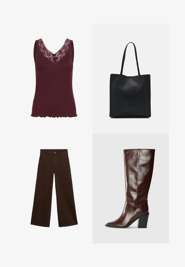 Kaffe JENNA - Top - zinfandel; Bruine wijde broek in katoenmix, met een rafelige zoom, sluiting met een knoop aan de voorkant en een klassieke vijf-pocketstijl. Minimalistisch en veelzijdig.; Hoge donkerbruine leren laars met een spitse neus en een gestapelde blokhak, vanuit de zijkant weergegeven op een effen achtergrond.; Zwarte leren handtas met een gladde textuur, rechthoekige vorm en twee lange handvaten. Geen zichtbare hardware of versieringen.