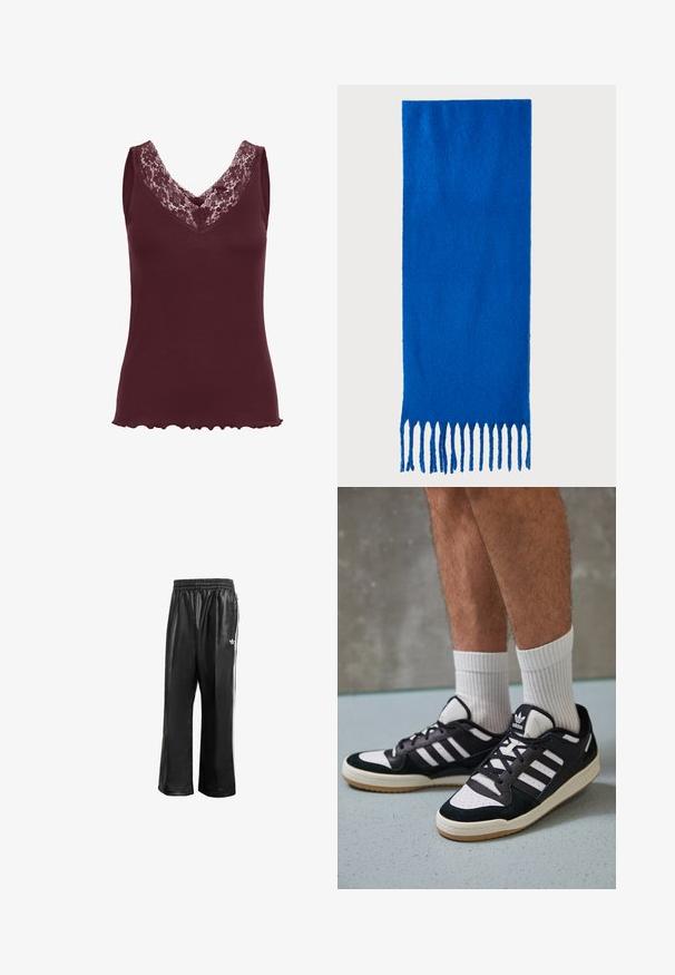 Kaffe JENNA - Top - zinfandel; Zwarte synthetische trainingsbroek met een elastische tailleband, voorzien van witte zijstrepen en een klein wit logo op de linkse heup.; Zwart-witte sneakers met een bovenwerk van suede en leer, voorzien van drie witte strepen, een geperforeerde neus en een rubberen gumzool.; Blauwe sjaal met franjes, gemaakt van zachte stof; heeft een effen kleur met een gestructureerd oppervlak en gelijkmatig gesneden franjes aan de onderkant.