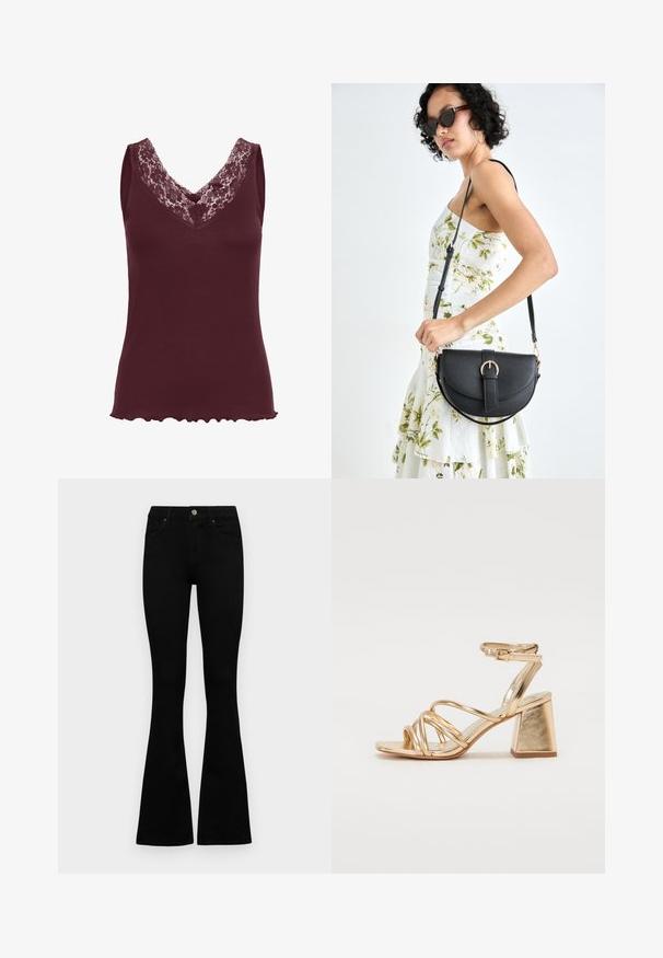 Kaffe JENNA - Top - zinfandel; Čierne vysoké nohavice s gombíkom a zipsom, predné vrecká a rozšírené nohavice položené na bielom pozadí.; Zlaté metalické sandále na podpätku so strappy dizajnom, štvorcovým blokovým podpätkom a nastaviteľným členkovým remienkom so sponou. Hladká textura.; Čierna kožená kabelka s zaobleným tvarom, odnímateľným popruhom a zlatými doplnkami. Kabelka má klopu s detailom s prackou.