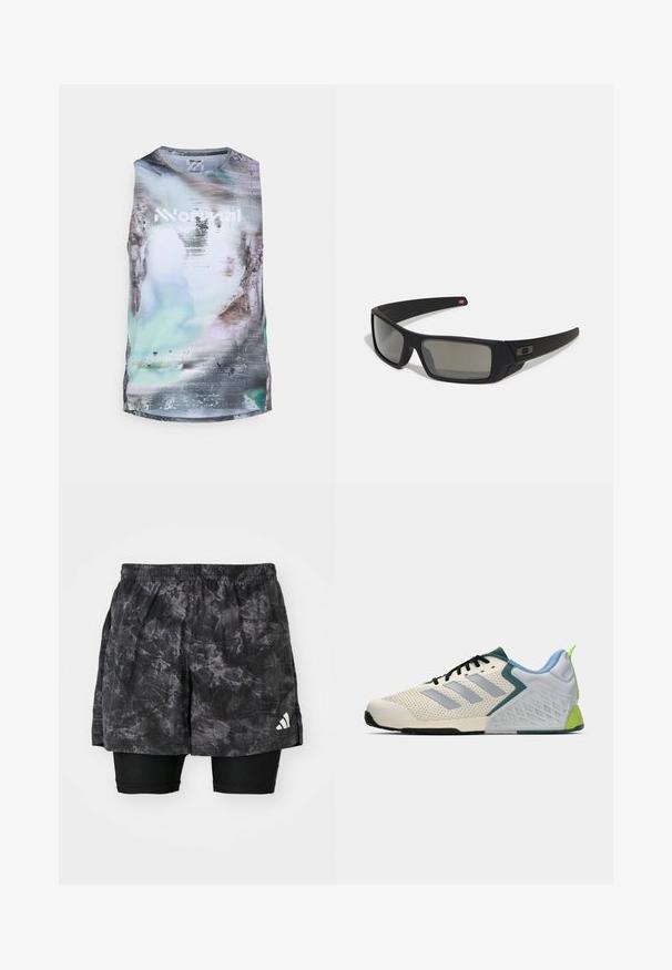 Ærmeløs sports tanktop med et tekstureret print i pastelfarver af blå, grå og grøn, med et fremtrædende hvidt logo.; Sorte træningsshorts med et marmor-mønster og indre kompressionsshorts. Har en elastisk talje og et lille hvidt logo på siden.; Letvægts sportssko med en cremefarvet mesh-overdel, grå striber, en grøn detalje og en struktureret blå hælkappe. Sorte snørebånd.; Sorte solbriller med mat finish, rektangulære linser, let kurve ved templerne, diskret logo detaljer og røgfarvede linser.