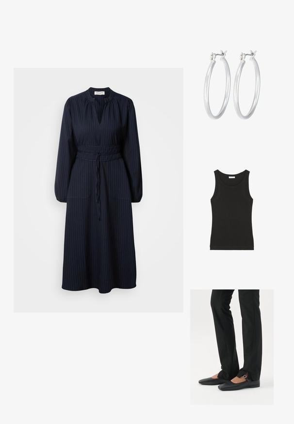 Schwarzes ärmelloses Tanktop aus weicher Baumwolle, mit rundem Ausschnitt und taillierter Silhouette. Einfaches Design ohne sichtbare Muster oder Akzente.; Marineblaues Kleid mit vertikalen Nadelstreifen, langen Ärmeln, plissiertem Ausschnitt und tailliertem Bund. Verfügt über zwei vordere Taschen.; Schwarze Leder-Ballerinas mit spitzer Zehenpartie, Riemchen mit silberner Schnalle, kombiniert mit schwarzen taillierten Hosen mit Schlitzsaum.; Schwarze Leder-Hobo-Tasche mit einem einzelnen, weichen, abgerundeten Griff; verfügt über eine glatte Textur und ein minimalistisches Design. Keine sichtbaren Beschläge oder Akzente.; Silberne Creolen mit einer glatten, polierten Oberfläche. Runder Form und sicherem Klickverschluss. Leichtes Design, geeignet für den täglichen Gebrauch.