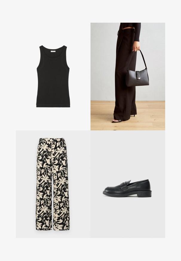 Débardeur noir sans manches en coton doux, avec un col rond et une silhouette ajustée. Design simple sans motifs ni accents visibles.; Pantalon large noir avec un motif floral crème. Fabriqué en tissu léger, il présente une texture lisse et une taille haute.; Mocassins en cuir noir avec un bout arrondi, des détails cousus et un petit talon. Texture lisse et semelle en caoutchouc flexible.; Sac à main noir à la forme structurée, texture lisse et fermoir métallique. Associé à un pantalon noir ample et des sandales ouvertes sur un sol en bois.