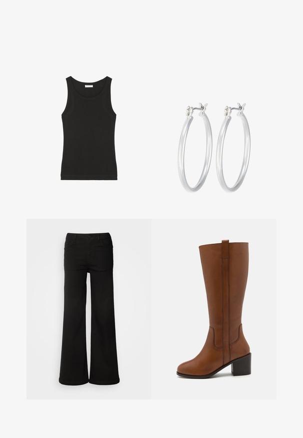 Mustapäinen hihaton toppi, joka on valmistettu pehmeästä puuvillasta. Siinä on pyöreä kaula-aukko ja vartalonmyötäinen siluetti. Yksinkertainen muotoilu ilman näkyviä kuvioita tai koristeita.; Mustat vältävät housut, jotka on valmistettu denimi-kankaasta, jossa on etutaskut, nappikiinnitys ja sileä pinta puhtaalla viimeistelyllä.; Kahva nahkainen polven ylle ulottuva saapas, jossa on pyöristetty kärki, sivusaumat ja lohkare korko. Varustettu takana olevan vetoketjun avulla, mikä helpottaa pukemista.; Hope-silver rengas, joissa on sileä ja kiillotettu pinta. Pyöreä muoto ja turvallinen napsautettava lukitus. Kevyt muotoilu sopii päivittäiseen käyttöön.