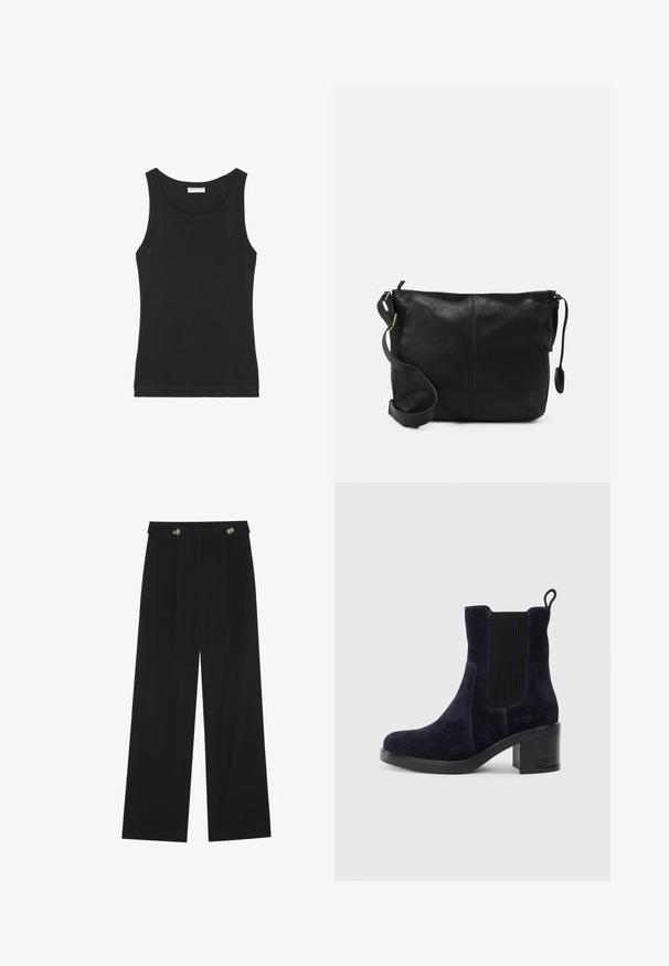 Black sleeveless tank top made of soft cotton, featuring a round neck and a fitted silhouette. Simple design with no visible patterns or accents.; Black wide-leg trousers with high waist, button details on waistband, and front pleats.; Navy blue suede ankle boot with elastic side panel, rounded toe, and block heel. Textured fabric and smooth sole add contrast.; Black leather crossbody bag with a flat shape, gold hardware accents, and an adjustable strap. Smooth texture with minimal stitching details.