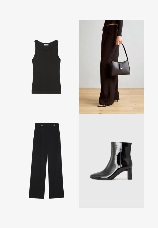 Črna brezrokavna majica iz mehkega bombaža, z okroglim izrezom in prilegajočim se krojem. Preprost dizajn brez vidnih vzorcev ali poudarkov.; Črne široke hlače s visokim pasom, gumbnimi detajli na pasu in sprednjimi gubami.; Črne lakirane gležnjarje z ošiljenim nosom in srednje visokim blokastim peto. Gladka tekstura in minimalističen dizajn.; Črna torbica z strukturirano obliko, gladko teksturo in kovinskim zaponko. Ujemajo se z širokimi črnimi hlačami in odprtimi sandali na lesenem tleh.