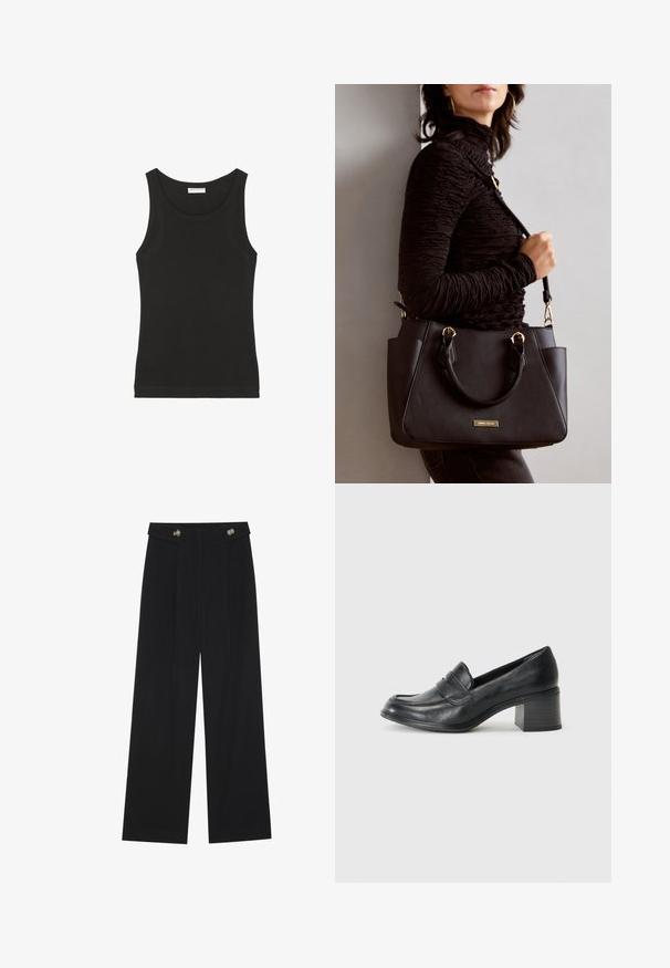 Sort ærmeløs tanktop lavet af blød bomuld, med en rund hals og en tætsiddende silhuet. Simpelt design uden synlige mønstre eller detaljer.; Sorte vide bukser med høj talje, knapdetaljer på taljebåndet og frontfald.; Sort læder loafer med lav blokhæl, rund tå og dekorativ syning over det øverste. Glat tekstur overalt.; Sort håndtaske med struktureret overflade, dobbelt topbærere og justerbar skulderrem. Udstyret med guldfarvet metalhardware og sidelommer.