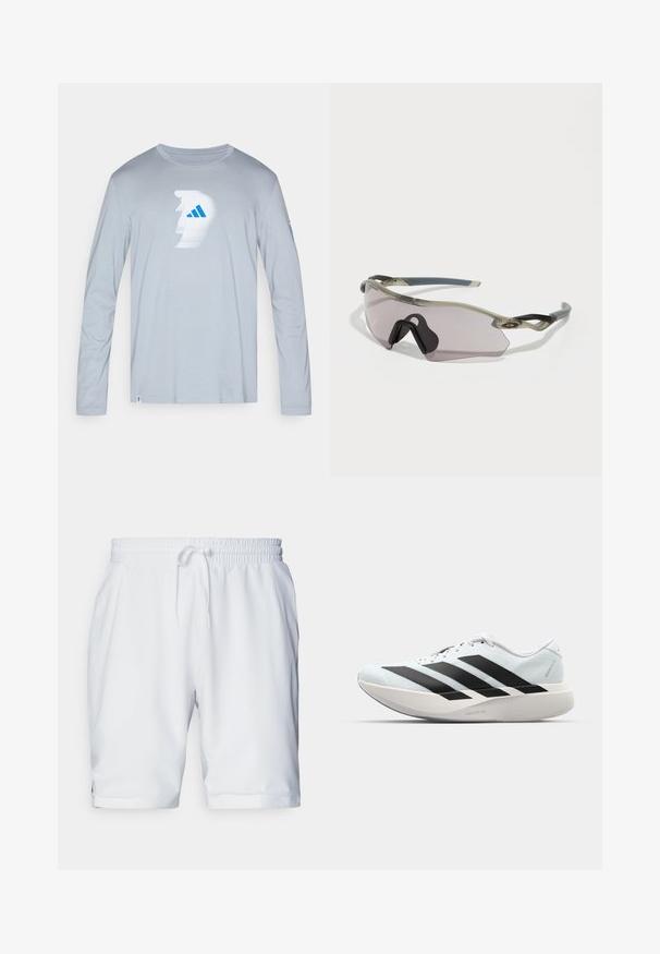 Light gray long-sleeve shirt made of soft fabric, featuring a white and blue graphic design on the front and a blue accent on the sleeve.; White athletic shorts with an elastic waistband and adjustable drawstring. Smooth fabric with a subtle texture, featuring side pockets.; Lightweight running shoes in pale blue with black stripes. Features a smooth upper, round toe, and thick white midsole labeled "LIGHTSTRIKE PRO."; Sunglasses with a translucent gray frame, tinted lenses, and angular design. Features a distinctive nose piece and textured dark gray temple arms.