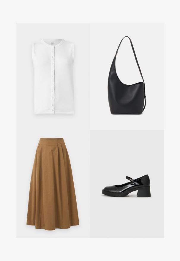 Valkoinen hihaton toppi, joka on valmistettu ribbikankaasta. Tässä on pyöreä kaula-aukko ja napitettava etuosa kirkkailla napeilla.; Ruskea puuvillainen A-linjainen hame korkealla vyötäröllä, jossa on laskokset edessä ja sileä pinta. Helma on viimeistelty siististi ja yksinkertaisesti.; Musta lakattu Mary Jane -kengät pyöreällä varvalla, säädettävällä hihnalla ja leveällä neliökorolla. Ominaisuuksiin kuuluu teksturoitu pohja.; Musta nahkainen hobo-laukku, jossa on sileä pinta, kaareva muoto ja yksi säädettävä olkahihna; sisäänkäynti on leveä ylhäältä.