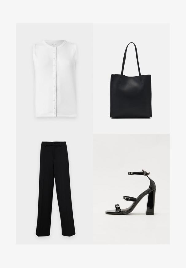 White sleeveless top made of ribbed fabric, featuring a round neckline and a button-down front with clear buttons.; Black wide-leg trousers made of smooth fabric, featuring a classic waistband with a button closure and front pleats.; Black patent heeled sandals with a square toe, ankle straps, and silver buckles. Features a chunky block heel for stability.; Black leather tote bag with smooth texture, rectangular shape, and two long handles. No visible hardware or embellishments.