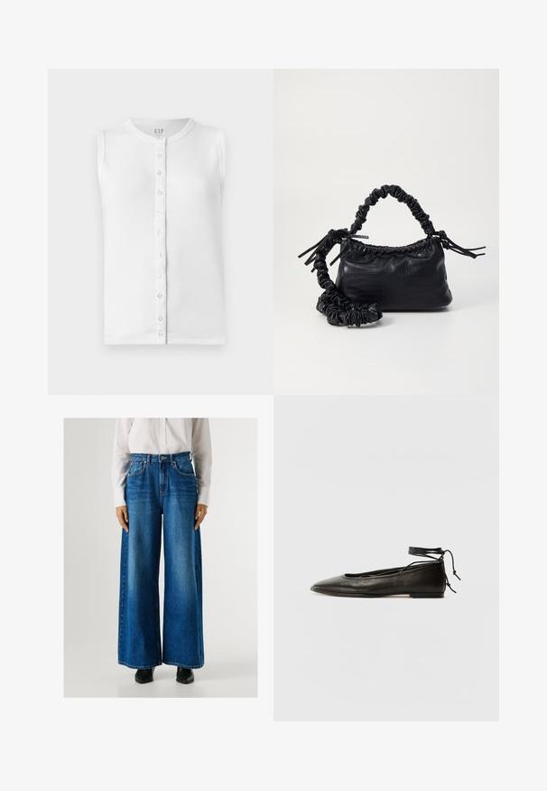 Biely top bez rukávov vyrobený z rebrovanej látky, ktorý má okrúhly výstrih a predný zapínanie na gombíky s priehľadnými gombíkmi.; Modré nohavice s širokými nohavicami a vysokým pásom, vyrobené z denimu, s prednými vreckami a zapínaním na gombík. Hladká textura s klasickým praním.; Čierne kožené baletky s špicatou špičkou, viazaním okolo členka a plochou podrážkou, s hladkou textúrou a minimalistickým dizajnom.; Čierna umelá kožená kabelka s kroko vzorom, sťahovaným vrchom a zhnutým popruhom. Vyzerá mäkko a kompaktné v dizajne.