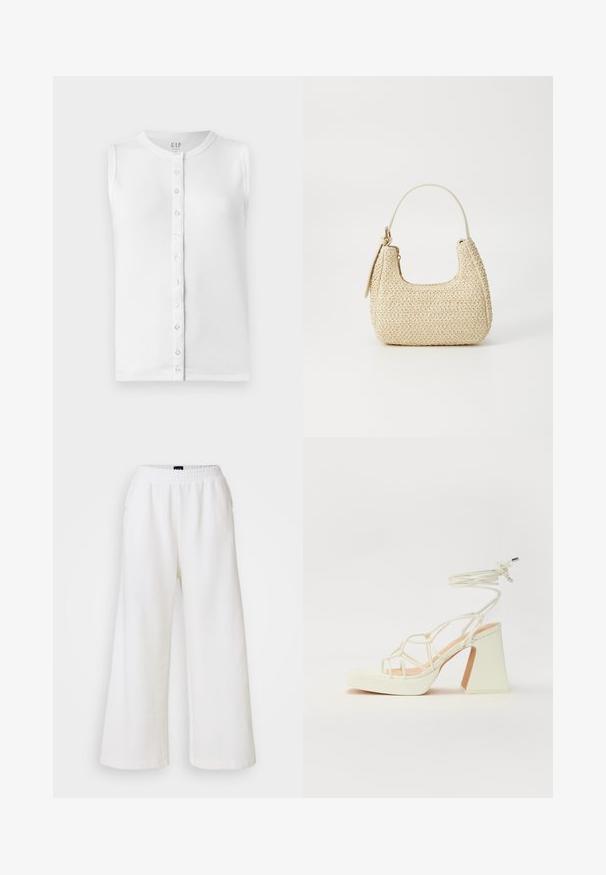 Hvit ermeless topp laget av ribbet stoff, med rund hals og en knappfritt front med klare knapper.; GAP SEAM WIDE LEG - Bukse - new off white; Hvit høyhælte sandal med kraftig hæl, med en stroppe-design og ankelbånd. Glatt tekstur med plattform foran for ekstra høyde.; Vevd stråveske i beige med buet form, kort håndtak og glidelås på siden. Har teksturert overflate og minimalistisk design.