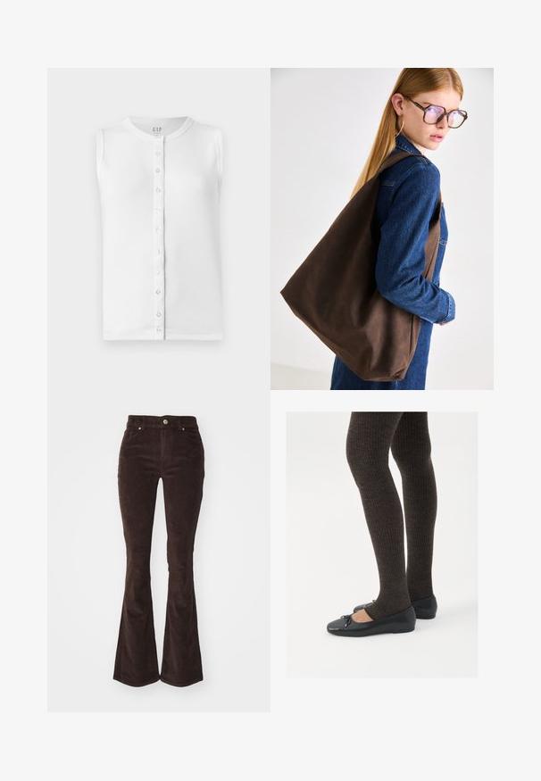 Weißes ärmelloses Top aus geripptem Stoff, mit Rundhalsausschnitt und einer Knopfleiste mit transparenten Knöpfen.; Vero Moda VMFLASH FLARED PANTS - Stoffhose - chocolate torte; Schwarze flache Schuhe mit einem kleinen Schleifendetail an der Zehe, kombiniert mit dunkelbraunen gerippten Strumpfhosen. Die Schuhe haben eine glatte Textur und ein niedriges Profil.; Braune Leder-Handtasche mit weicher Textur, geräumigem Design und einem einzigen Tragegurt. Kombiniert mit einer blauen Jeansjacke.