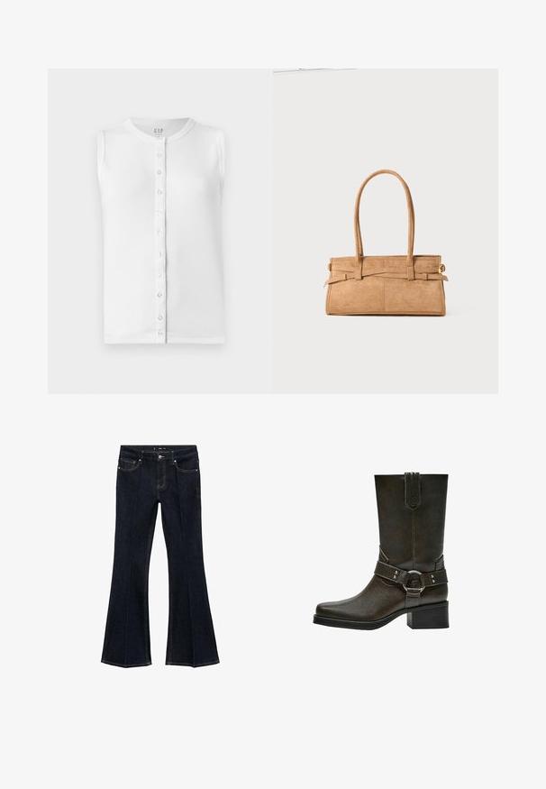 White sleeveless top made of ribbed fabric, featuring a round neckline and a button-down front with clear buttons.; Dark blue denim jeans with high waist, front pockets, and flared wide legs, displayed flat on a white background.; Brown leather ankle boot with a square toe, short block heel, and decorative buckle strap with silver hardware. Smooth texture, simple design.; Tan suede handbag with two long handles, rectangular shape, and decorative stitching. Features a side strap and subtle gold hardware accents.