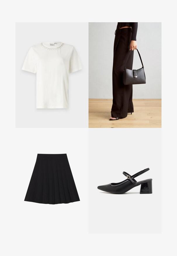 Vit bomull t-shirt med korta ärmar, en rund halsringning prydd med pärldetaljer runt kragen. Enkel, obelagda kroppdesign.; Svart plisserad kjol gjord av texturerad tyg med en figurnära midjeband. Faller till knä längd och har en slät, ren silhuett.; Svarta lackläder slingback-klackar med spetsig tå, en rundad utskärning och en blockklack. Utsmyckad med en spänne i guldton.; Svart handväska med strukturerad form, slät yta och metallspänne. Matchad med vida svarta byxor och sandaler med öppen tå på trägolv.