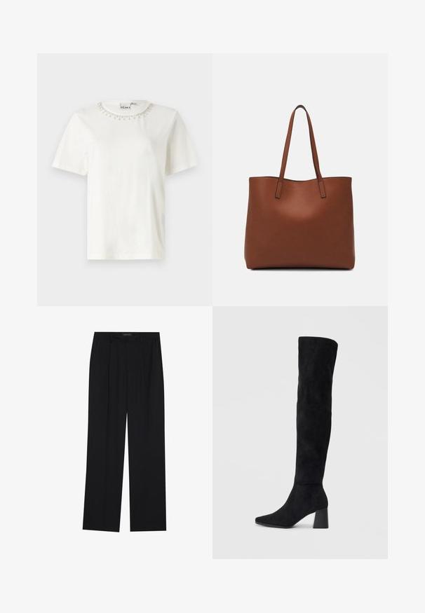 Biela bavlnená tričko s krátkymi rukávmi, okrúhlym výstrihom ozdobeným perličkovým detailom okolo goliera. Jednoduchý, nezdobený dizajn tela.; Čierne nohavice so strihom rovného nohu, s dvoma prednými vreckami a pásom. Vyrobené z hladkej, ľahkej textílie.; Čierna semišová kozačka po kolená s blokovým podpätkom, špicatou špičkou a hladkým, bezšvovým dizajnom na jednoduchom svetlom pozadí.; Hnedá kožená taška na rameno s hladkou textúrou, otvoreným vrchom a dvoma ramenými popruhmi. Má minimálne šitia a žiadne viditeľné kovania.