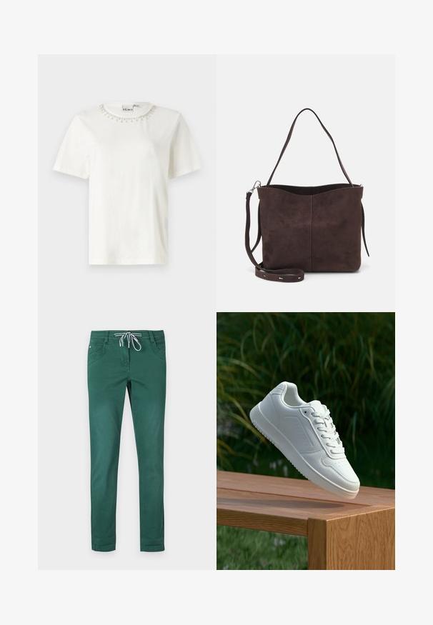 Valge puuvillane t-särk, millel on lühikesed varrukad ja ümmargune kaelus, mille ääres on ehetekirja detail. Lihtne, ilma kaunistusteta keha disain.; Rohelised puuvillasegusest kangast püksid, sirge jala disainiga, paelaga vöökoht ja kaks esimest taskut. Sile tekstuur ja ilma mustriteta.; Valged sneakerd, millel on sile sünteetiline ülemine osa, väikeste aukudega varvaskast, lamedad paelad ja tekstuuriga tald, eksponeeritud puidust pinnal.; Pruun nubukist kott pehme tekstuuriga, millel on üks õlavarre rihm ja peene kumer ülemine ava. Nähtavaid metallosi pole.