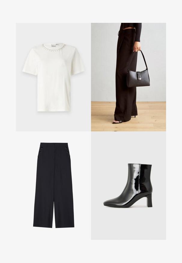 Bela bombažna majica z kratkimi rokavi, okroglo ovratnikom, okrašenim z bisernimi detajli okoli ovratnika. Preprost, neokrašen dizajn telesa.; Široke hlače iz temno modrega materiala, z gladko teksturo, sprednjimi gubami in dekorativnimi zlatimi kopčami na stranskih žepih.; Črne lakirane gležnjarje z ošiljenim nosom in srednje visokim blokastim peto. Gladka tekstura in minimalističen dizajn.; Črna torbica z strukturirano obliko, gladko teksturo in kovinskim zaponko. Ujemajo se z širokimi črnimi hlačami in odprtimi sandali na lesenem tleh.