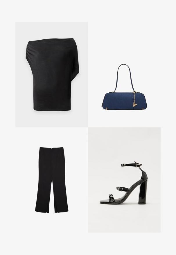 Czarny asymetryczny top z gładkiego, elastycznego materiału z marszczeniem po jednej stronie. Minimalistyczny design, z jedną długą rękawą.; Czarne spodnie o prostym kroju, z przednimi kieszeniami i bocznymi rozcięciami na dole. Wykonane z miękkiego, gładkiego materiału. Odpowiednie na różne okazje.; Czarne lakierowane sandały na obcasie z kwadratowym noskiem, z paskami wokół kostki i srebrnymi klamrami. Posiadają masywny słupek dla stabilności.; ALDO THALELI niebieski